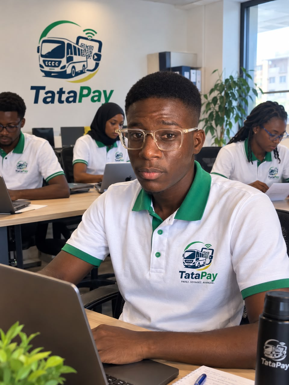 L'équipe TataPay au bureau avec le logo sur le mur