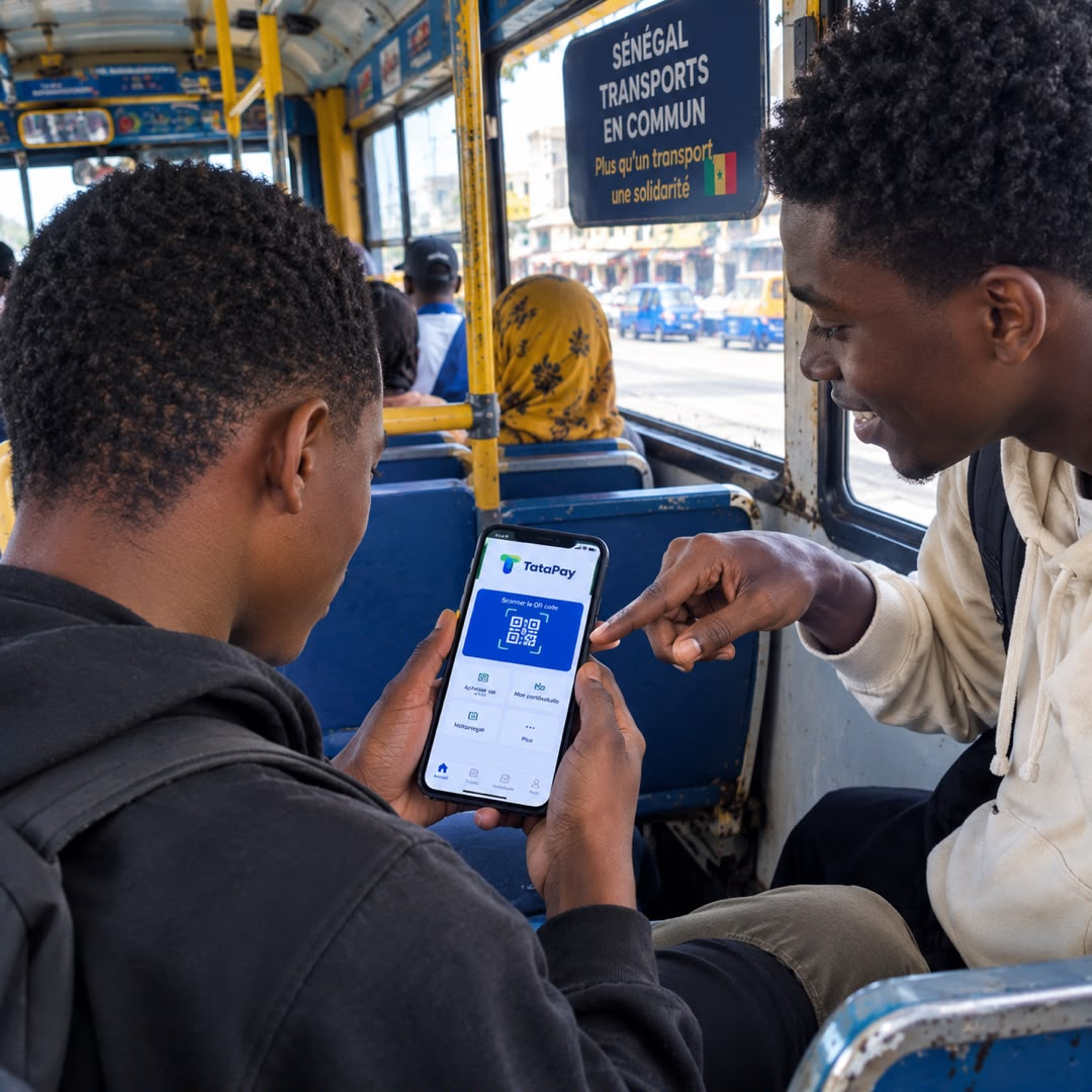 Deux utilisateurs présentent l'application TataPay dans le bus